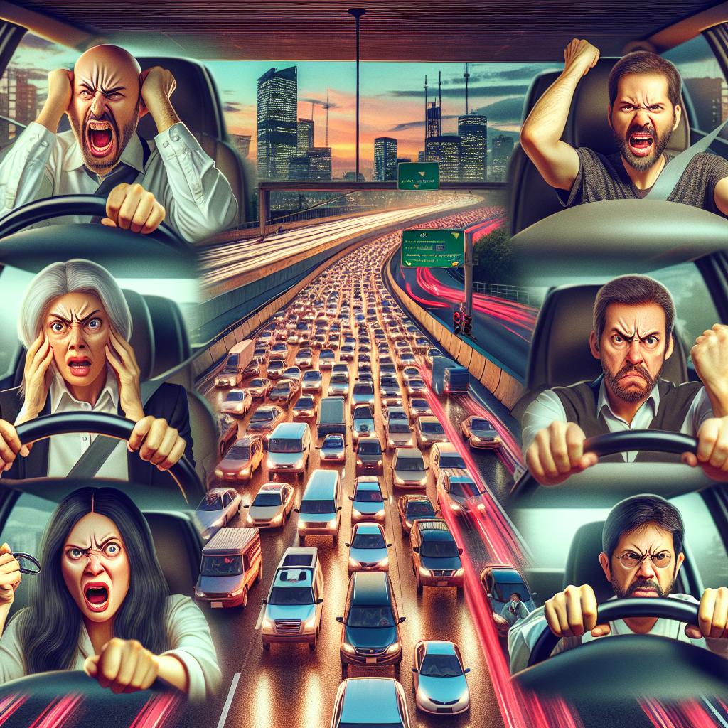 Traffic jam frustration illustration.