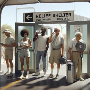 "Heatwave relief shelter entrance"