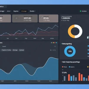 Digital marketing dashboard with analytics and retargeting visuals.
