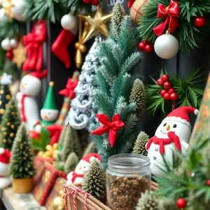 Holiday-themed cannabis products and decorations in a shop.