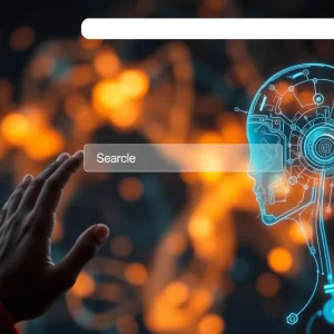 Futuristic search interface blending human and AI elements.