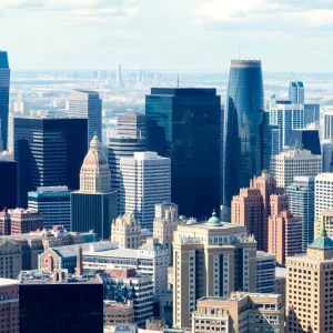 A bustling city skyline reflecting corporate growth and mergers.