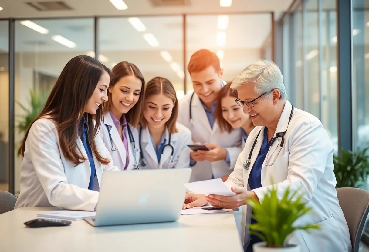 Modern healthcare team collaborating on billing solutions.