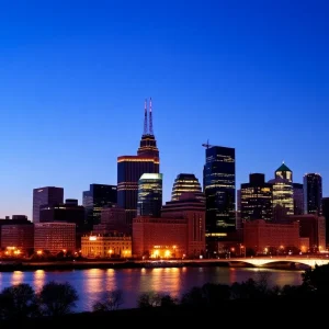 Midwest skyline with marketing strategy graphics overlay.