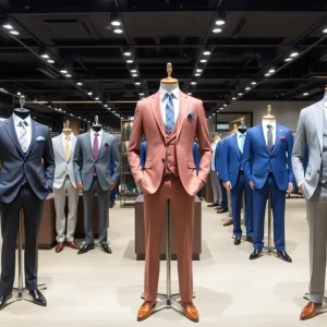 Stylish suits displayed in a modern retail environment.