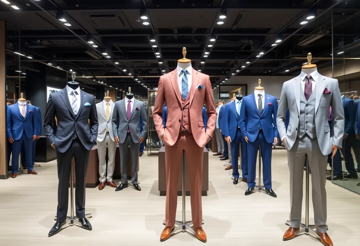 Stylish suits displayed in a modern retail environment.