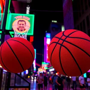 Vibrant basketballs and neon lights reflecting city excitement.