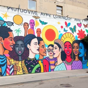 Vibrant urban mural celebrating diverse cultural collaboration.