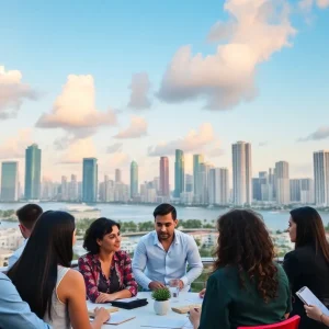Vibrant Miami skyline with diverse professionals brainstorming ideas.