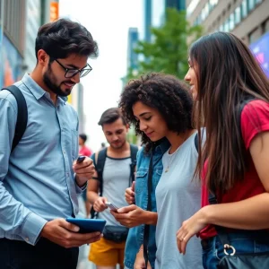 Dynamic digital group interaction in a vibrant urban setting.