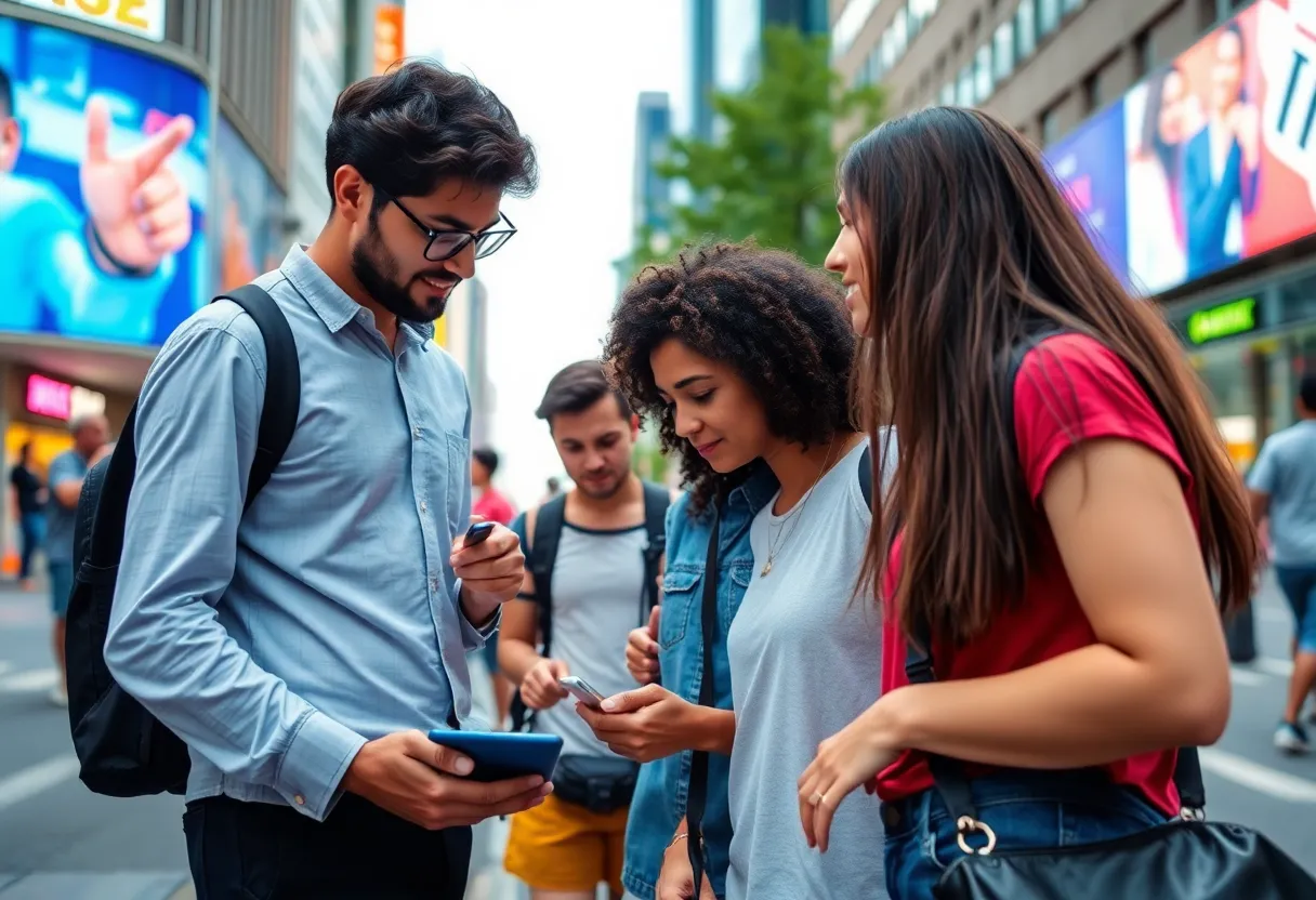 Dynamic digital group interaction in a vibrant urban setting.