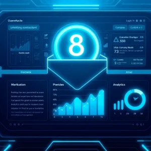 Futuristic email interface with digital marketing analytics display.