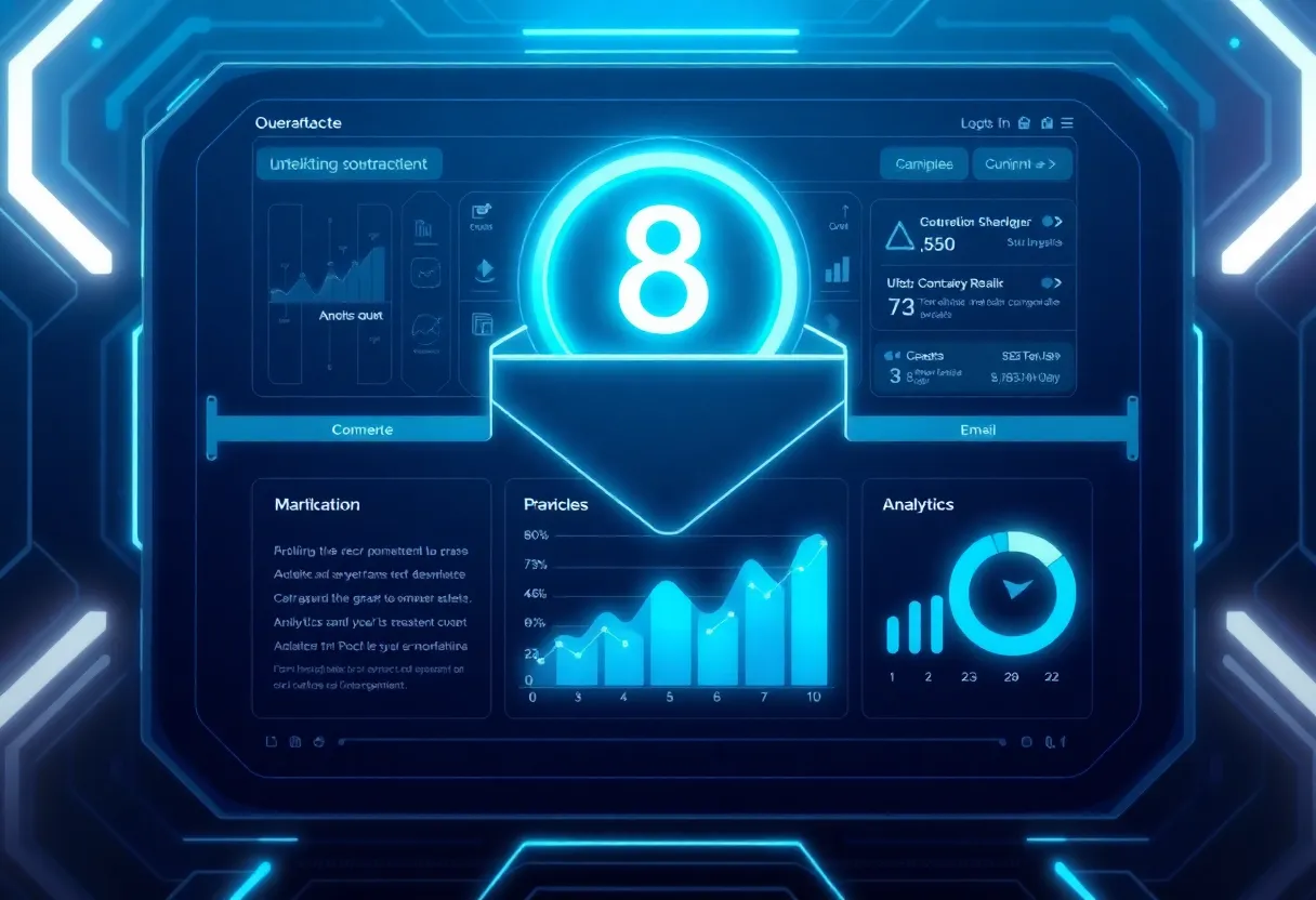 Futuristic email interface with digital marketing analytics display.