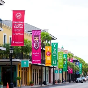 Colorful New Orleans streets adorned with marketing event banners.