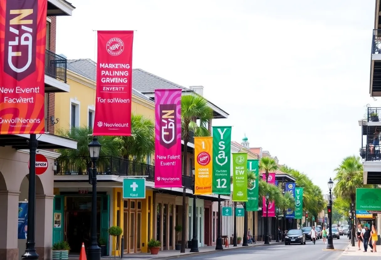 Colorful New Orleans streets adorned with marketing event banners.