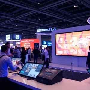 Futuristic marketing tools displayed at tech expo event.