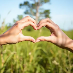 Hands exchanging a heart-shaped symbol amidst nature.