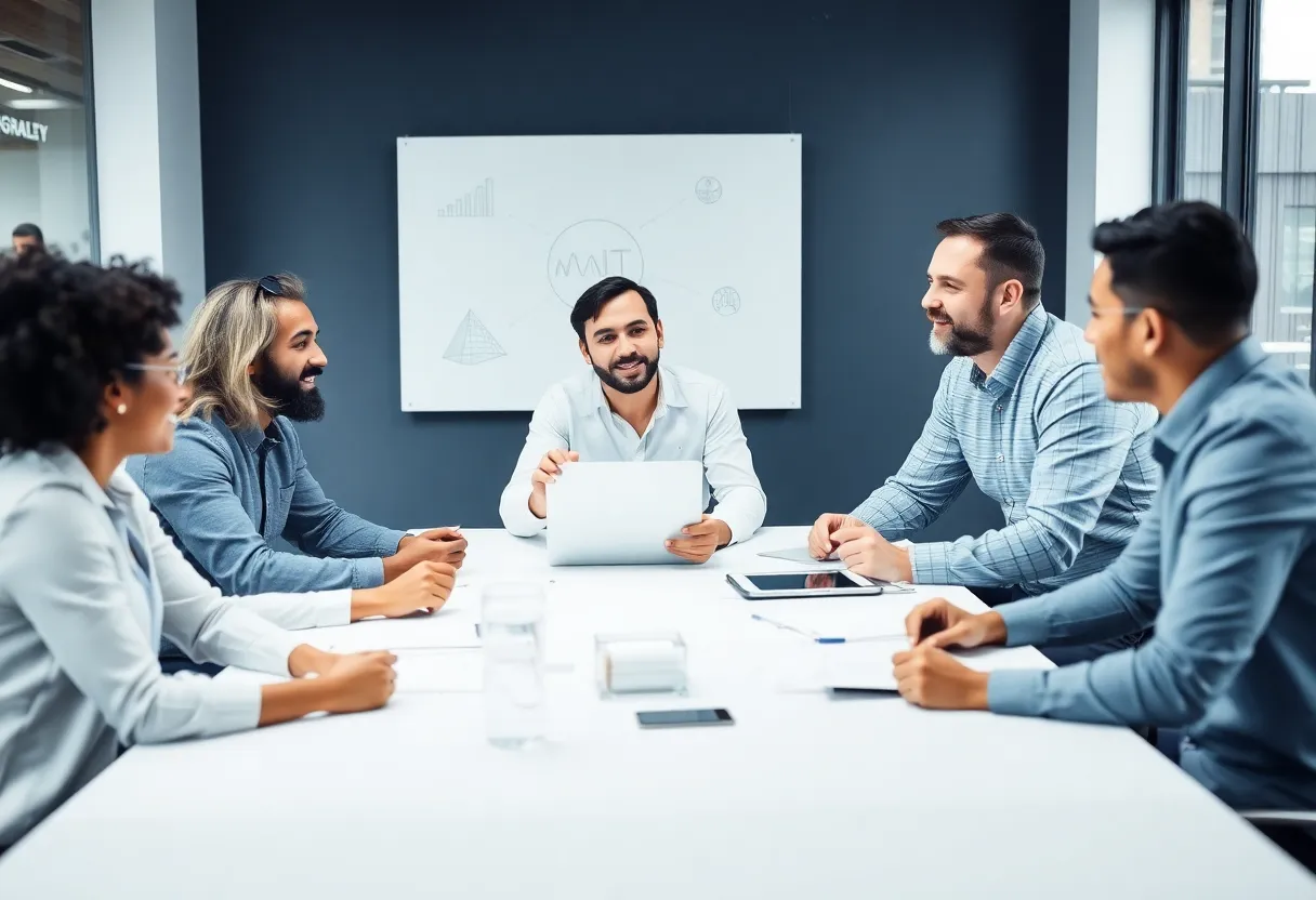 Strategic meeting with diverse marketing team brainstorming ideas.