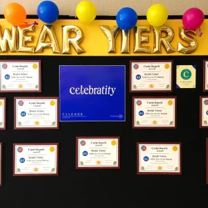 Celebratory awards display with vibrant college branding elements.