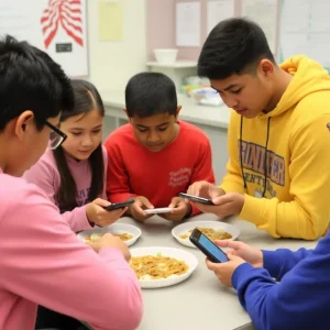 Students collaborating over food and digital devices.