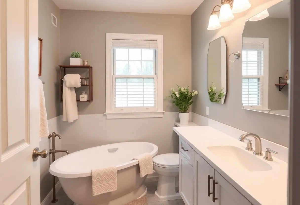 A remodeled bathroom with modern fixtures and decor
