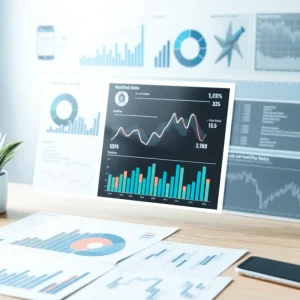 Data charts overlaying a digital marketing workspace.