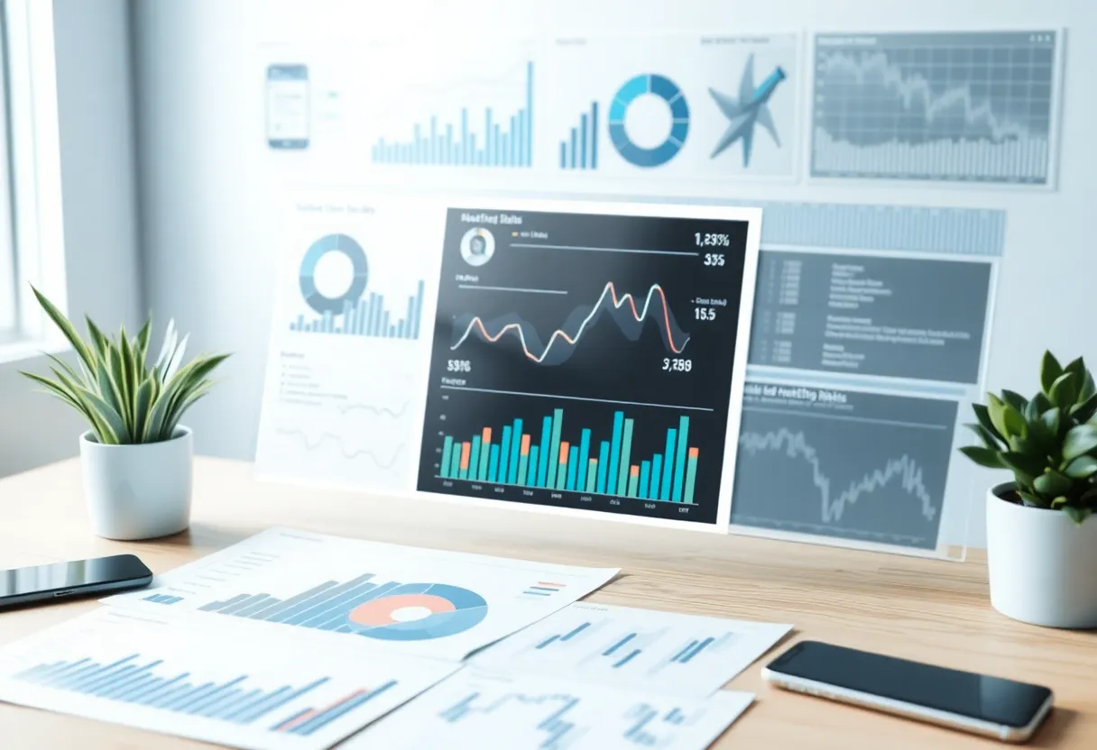 Data charts overlaying a digital marketing workspace.