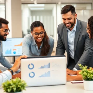 Professionals collaborating on Marketing CRM software in an office setting.