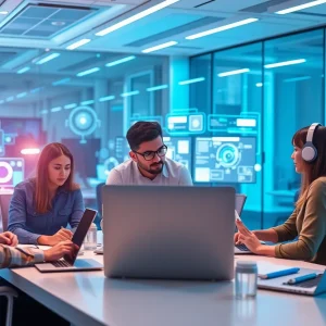 Marketers collaborating in a futuristic environment using AI tools.