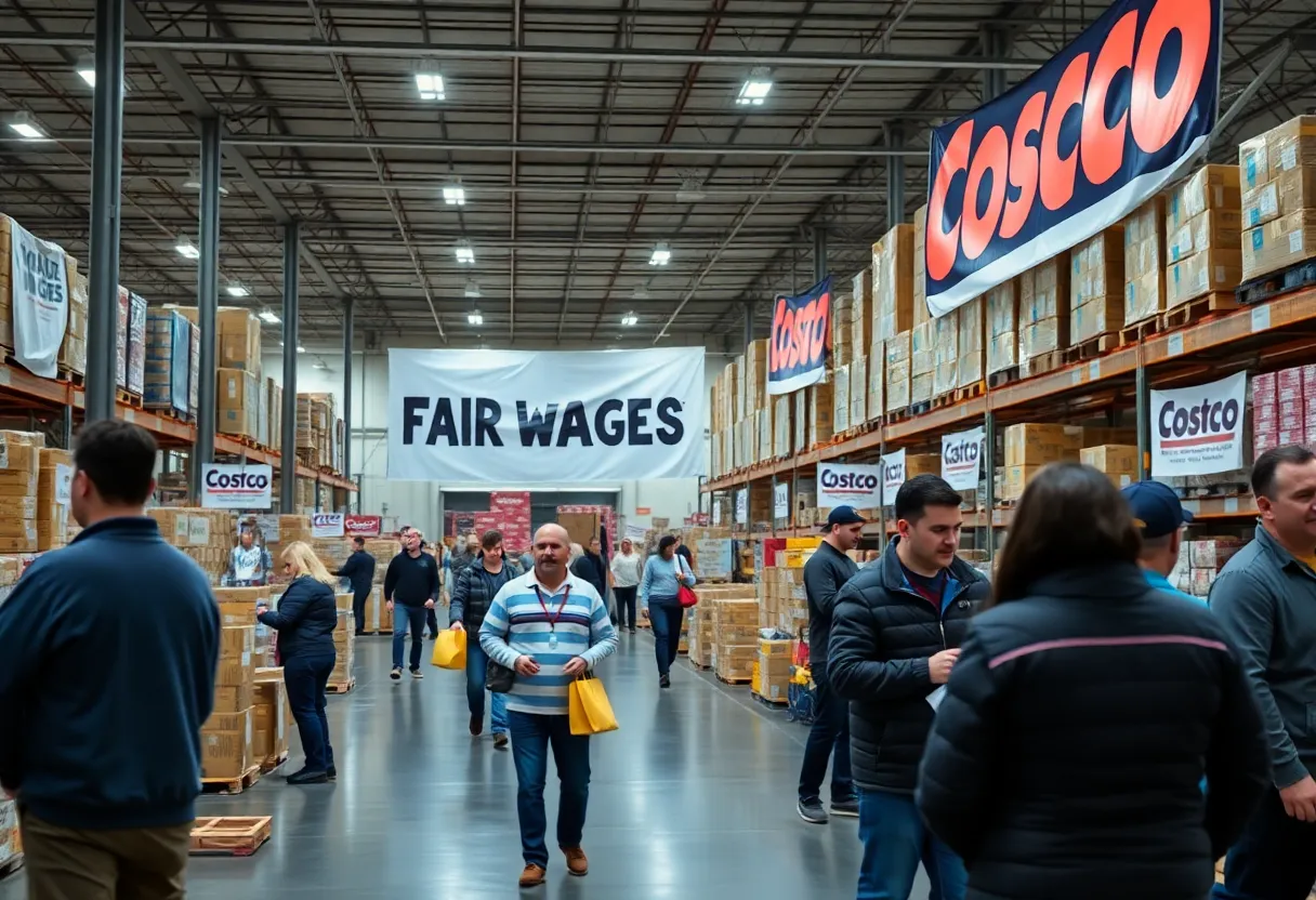 Costco employees discussing potential strike amidst contract negotiations.