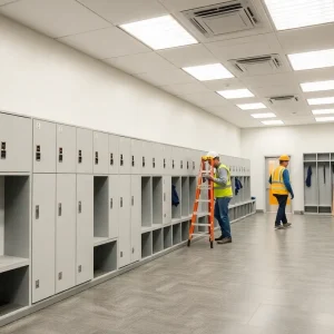 Under construction sports locker room with new lockers and tools.
