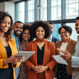 Diverse professionals collaborating in a modern office environment