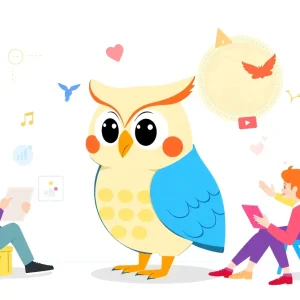 Duolingo mascot Duo the owl in a playful learning setting