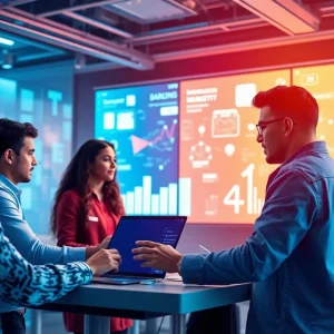 Marketers collaborating on brand building strategies using AI tools.