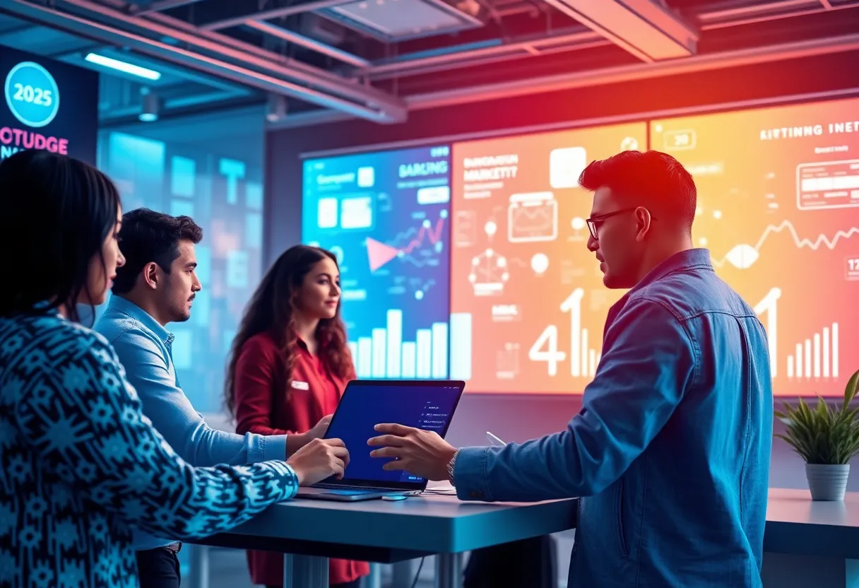 Marketers collaborating on brand building strategies using AI tools.