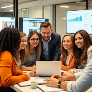Diverse young professionals discussing social media marketing strategies.
