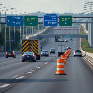 Construction on Eastbound I-696 with workers and equipment