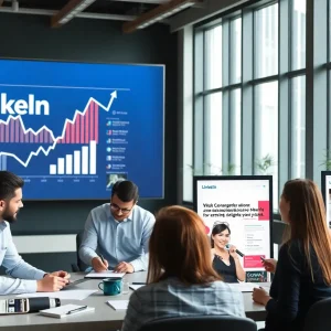 A group of professionals discussing LinkedIn advertising strategies