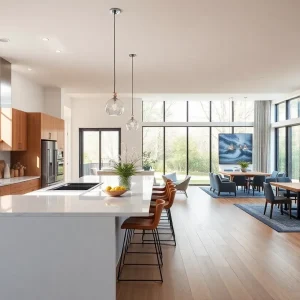 A beautifully designed open concept kitchen connecting living and dining areas.