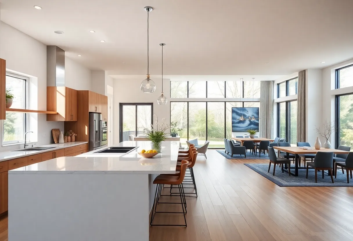 A beautifully designed open concept kitchen connecting living and dining areas.
