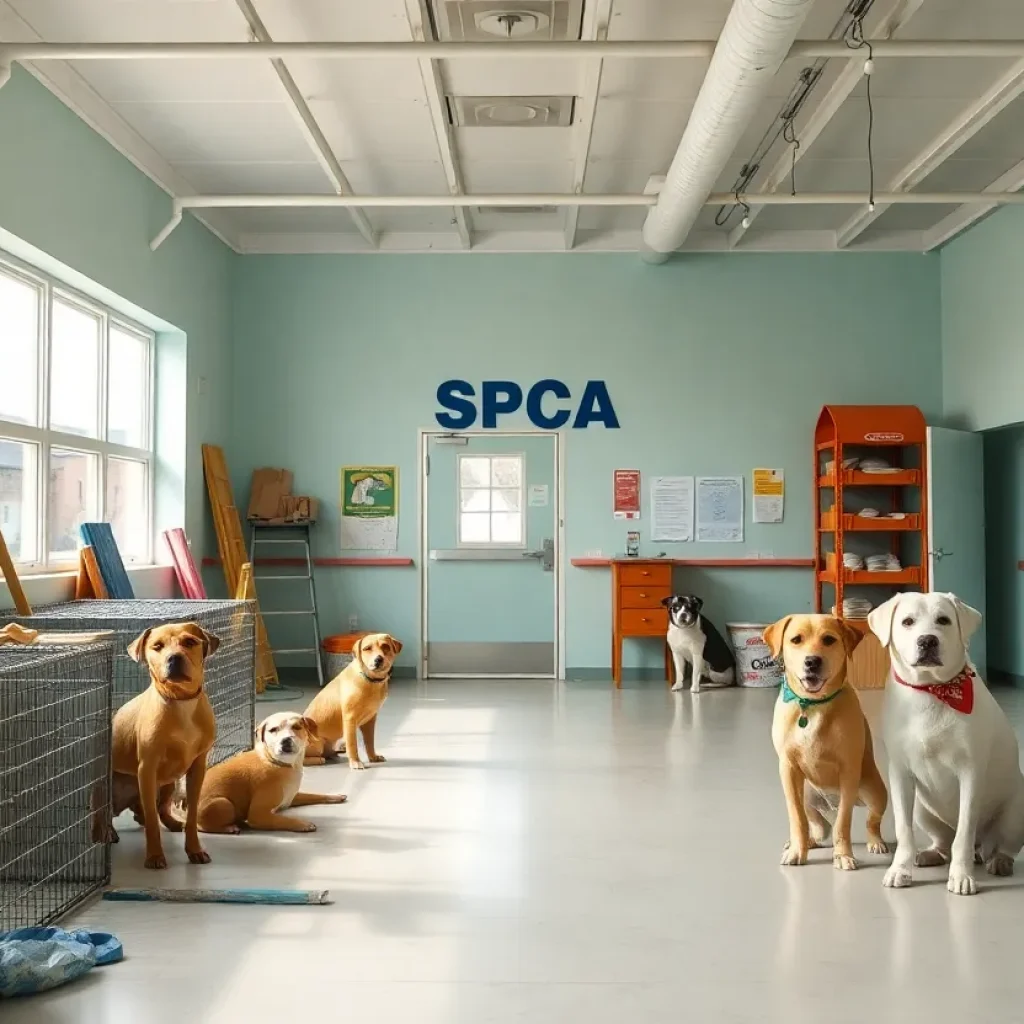 Bright and welcoming renovated SPCA facility with pets.