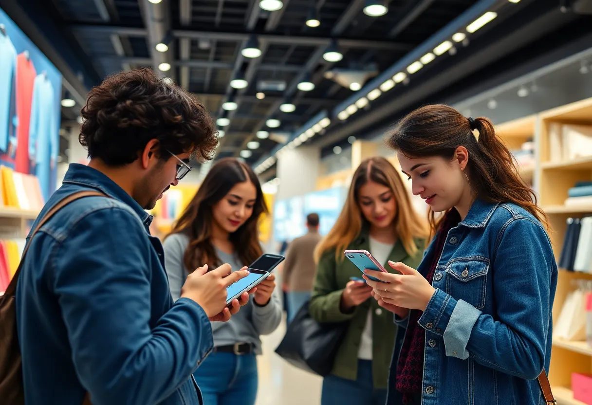 Shoppers using smartphones in a retail store for social media engagement.