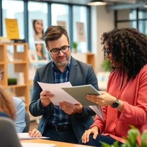 Small business owner discussing marketing strategies