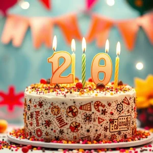 A cake with twenty candles representing the 20th anniversary of Thought For Food & Son