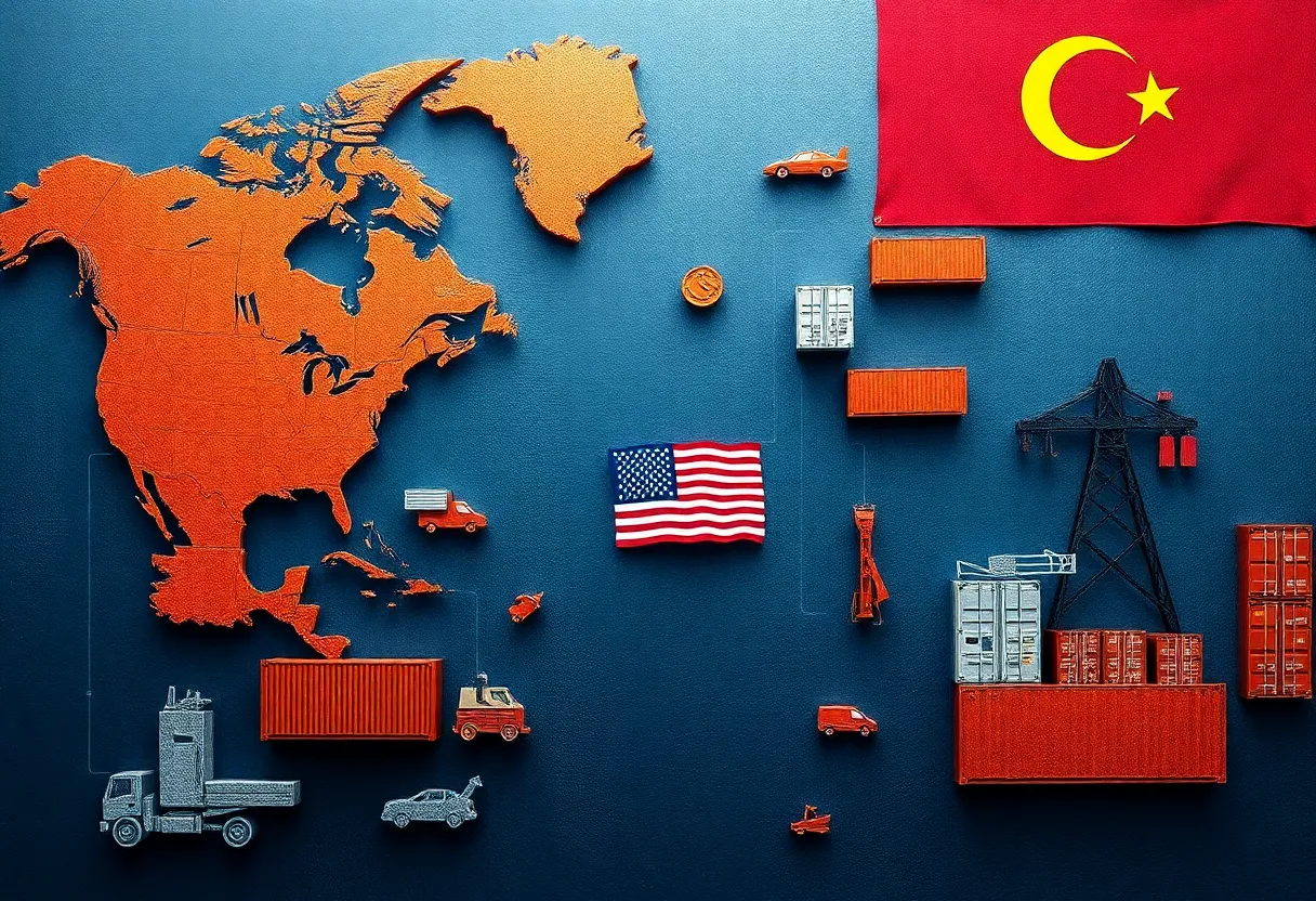 Abstract representation of trade tensions between the US, Canada, and Mexico