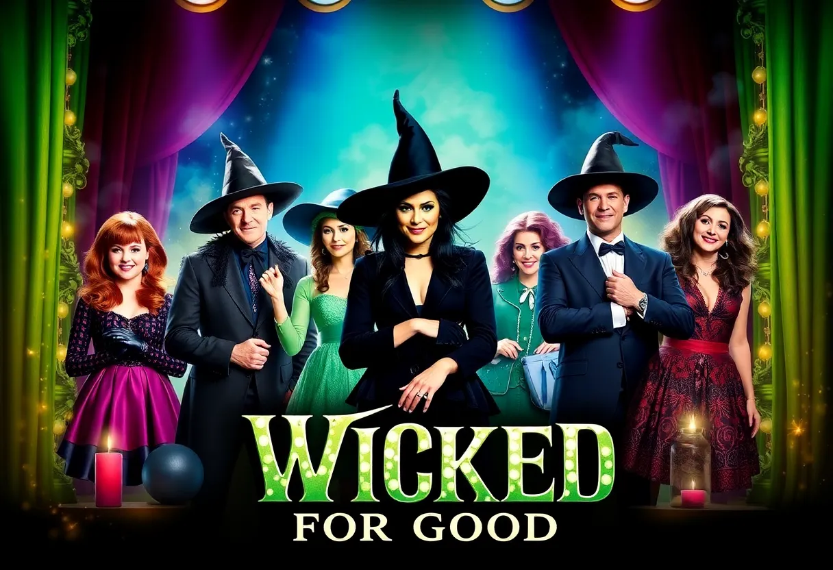 Poster for the Wicked: For Good film featuring main characters in an enchanting backdrop.