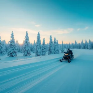 A scenic winter landscape featuring a snow-covered trail and a distant snowmobile.