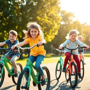 Children riding Woom bicycles outside in a park
