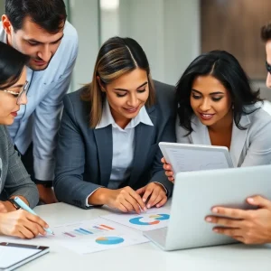 Team discussing B2B marketing integration strategies with technology devices.