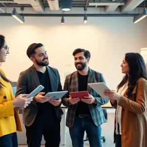 Team discussing branding strategies in a modern office